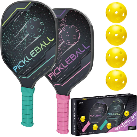 Pickleball Paddles Pickleball Set of 2 Paddles, 4 Indoor Outdoor Pickleball Balls, Pickleball Paddle Set of 2 Wood Pickleball Racket Pickleball Racquets Gifts for Men Women All Levels & Ages